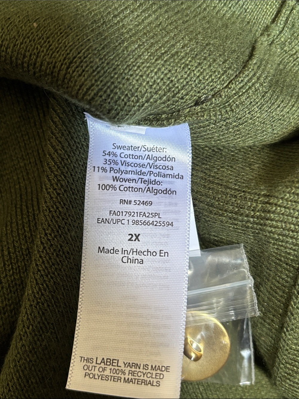 ๐NWT๐ Olive Green Cardigan with Blue Ruffle Collar and Gold Buttons - Picture 12 of 13